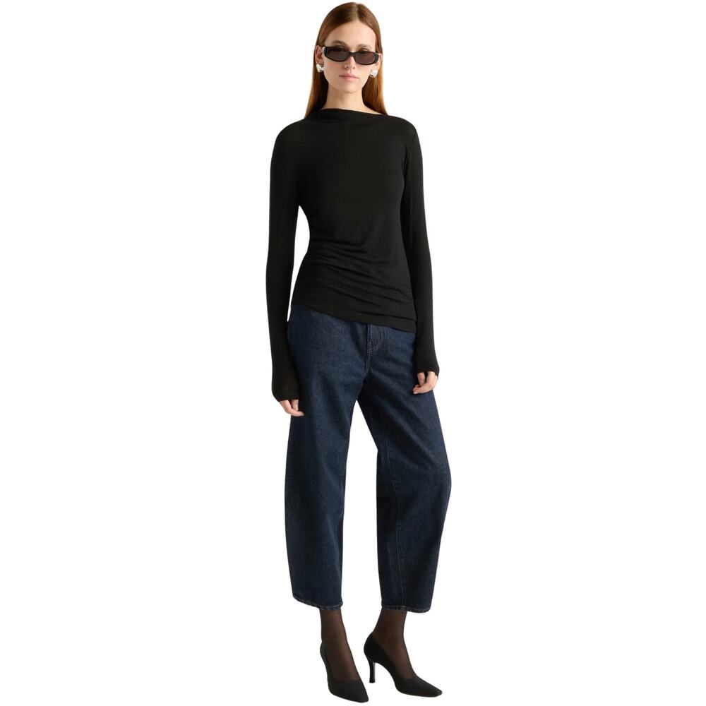 Modern Citizen Vittoria Asymmetric Neck Ruched Semi-Sheer Long Sleeve Tee Black - Picture 4 of 15
